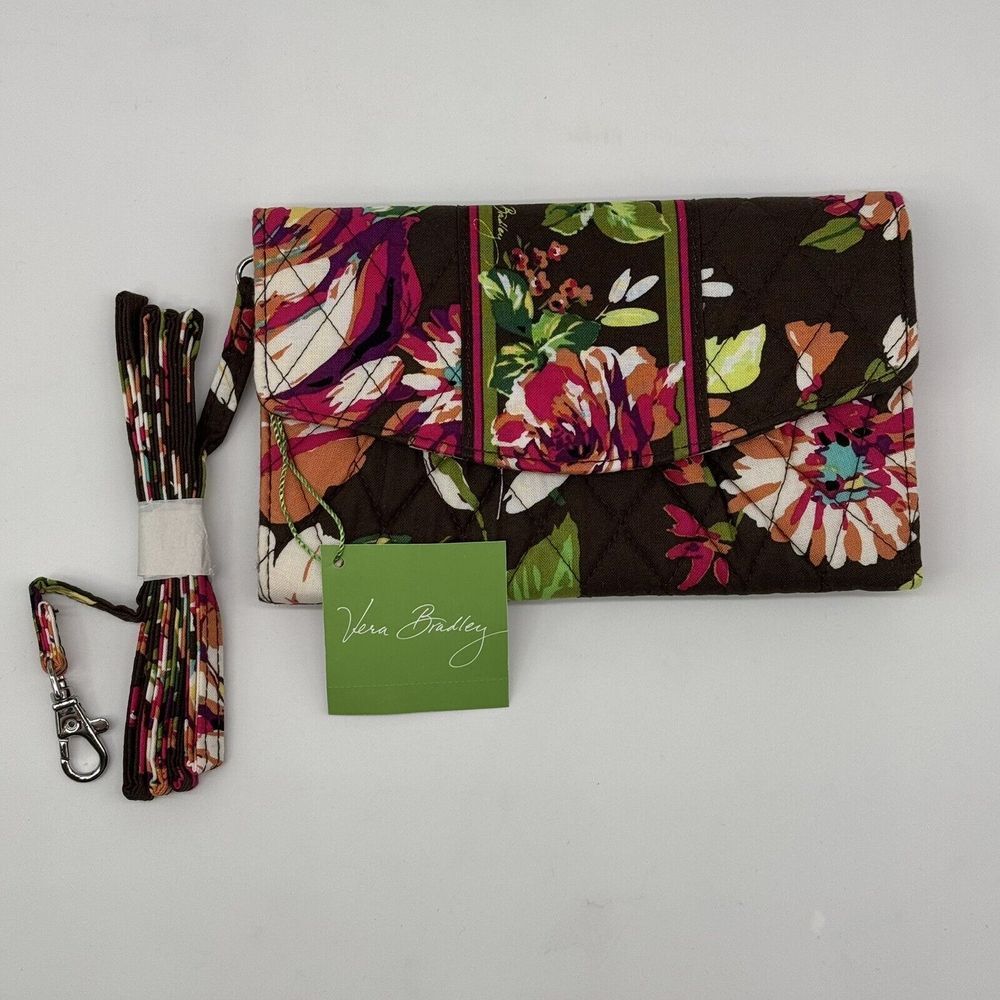 VERA BRADLEY Strap Wallet English Rose Retired Crossbody Brown‎ Floral NWT Purse